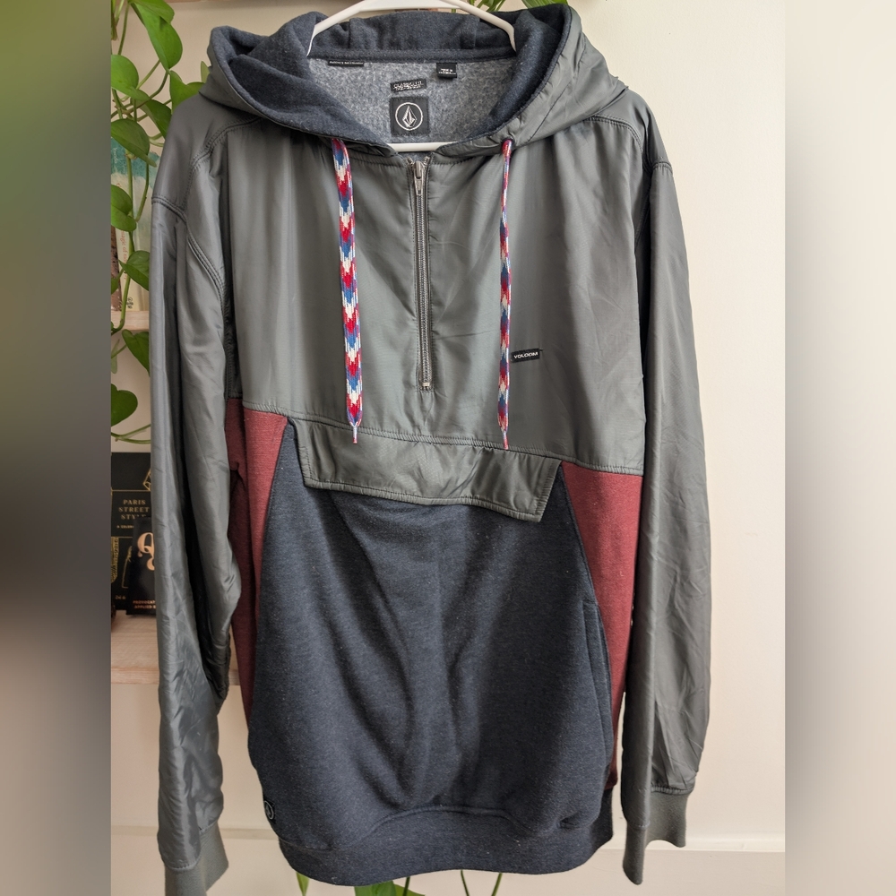 Volcom Gray, Red and Blue Hooded Pullover Jacket